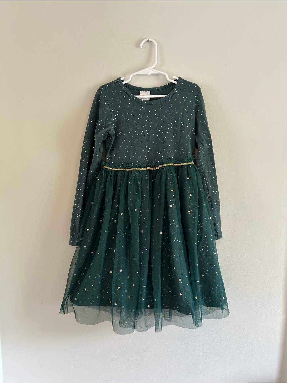 Hanna Andersson Green Long Sleeve Tulle Dress with Gold Stars